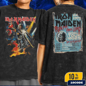 Iron Maiden Run For Your Lives World Tour Est 1975 With June 2025 Tour Dates In EU UK Eddie Ride A Bike Artwork Classic Wash T-Shirt Two Sides