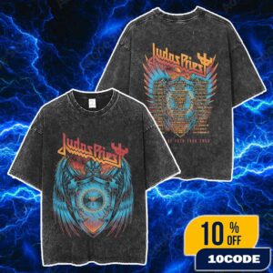 Judas Priest Shield Of Pain Tour 2025 Shield Wings With Tour Dates Backprint Merch Unisex Two Sided Washed T-Shirt