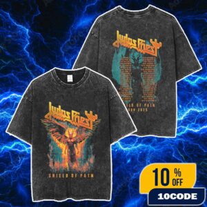 Judas Priest Shield Of Pain Tour 2025 The Winged Demon Artwork With Full Tour Itinerary Backprint Washed Unisex T-Shirt