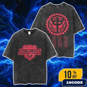 Judas Priest The Shield Of Pain Tour 2025 Logo With Full Tour Itinerary Backprint Unisex Washed T-Shirt
