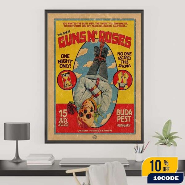 Guns N Roses Budapest Hungary 2025 Tour Poster At Ferenc Puskas Stadium On July 15 One Night Only No One Escapes This Show Hanging Skeleton Home Decor Poster Canvas