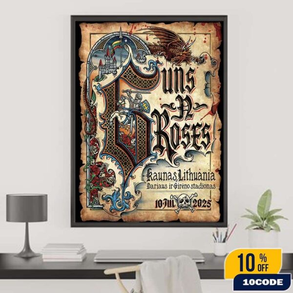 Guns N Roses Kaunas Lithuania 2025 Venue Poster At Darius and Girenas Stadium On July 10 Versus Dragon Art Home Decor Poster Canvas