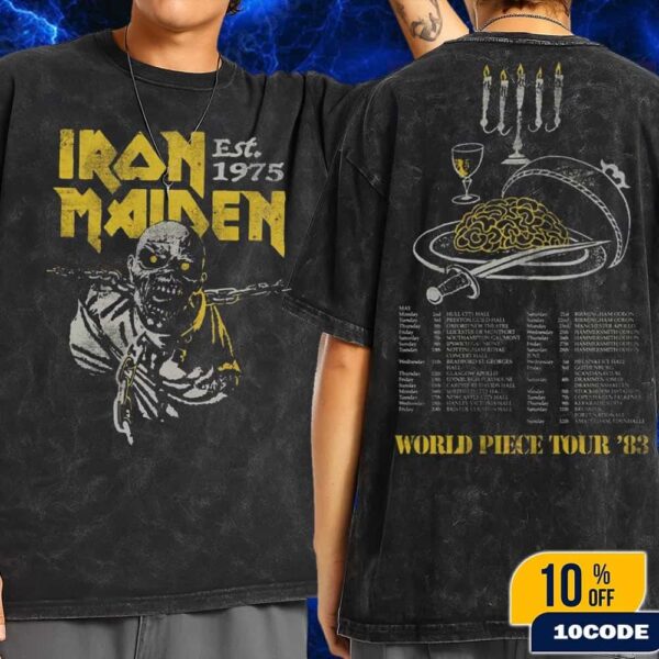 Iron Maiden 50 Anniversary World Piece World Tour 1983 Vintage T-Shirt Two Sides Wash Tee
