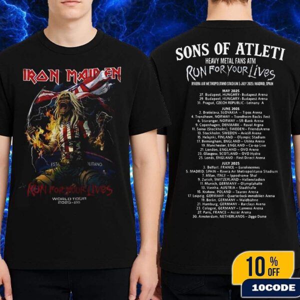 Iron Maiden Run For Your Lives World Tour 2025-26 Sons Of Atleti Heavy Metal Fans ATM Tour Dates Metropolitano Rising Artwork Merch Tee Shirt Two Sides