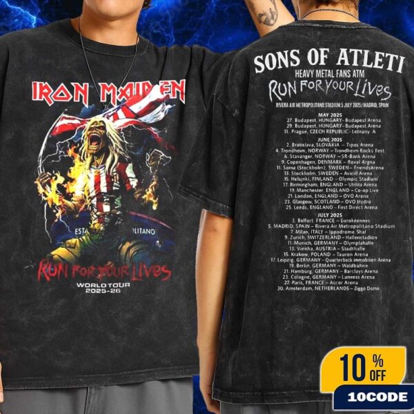 Iron Maiden Run For Your Lives World Tour 2025-26 Sons Of Atleti Heavy Metal Fans ATM Tour Dates Metropolitano Rising Artwork Wash T-Shirt Two Sides