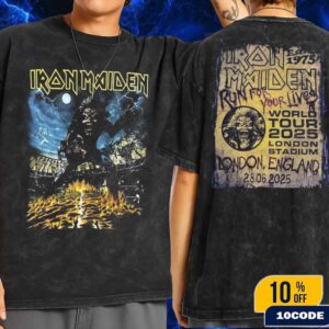 Iron Maiden Run For Your Lives World Tour 2025 Event Tee At London Stadium England June 28th 2025 Eddie Artwork By Herve Monjeaud Wash T-Shirt Two Sides