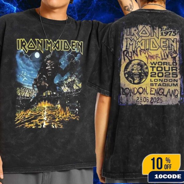 Iron Maiden Run For Your Lives World Tour 2025 Event Tee At London Stadium England June 28th 2025 Eddie Artwork By Herve Monjeaud Wash T-Shirt Two Sides
