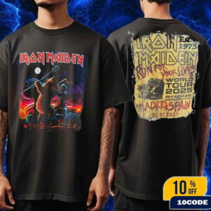 Iron Maiden Run For Your Lives World Tour 2025 Event Tee At Riyadh Air Metropolitano Madrid Spain On July 5 Eddie The Head Artwork By AKIRANT Merch T-Shirt Two Sides