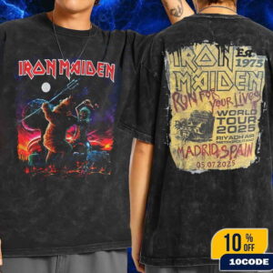 Iron Maiden Run For Your Lives World Tour 2025 Event Tee At Riyadh Air Metropolitano Madrid Spain On July 5 Eddie The Head Artwork By AKIRANT Wash T-Shirt Two Sides