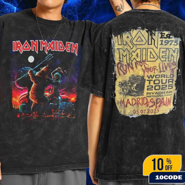 Iron Maiden Run For Your Lives World Tour 2025 Event Tee At Riyadh Air Metropolitano Madrid Spain On July 5 Eddie The Head Artwork By AKIRANT Wash T-Shirt Two Sides