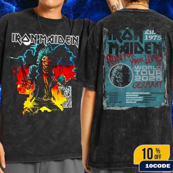 Iron Maiden Run For Your Lives World Tour 2025 Germany Tour Event Tee Eddie With His Axe Art Wash Two Sides T-Shirt