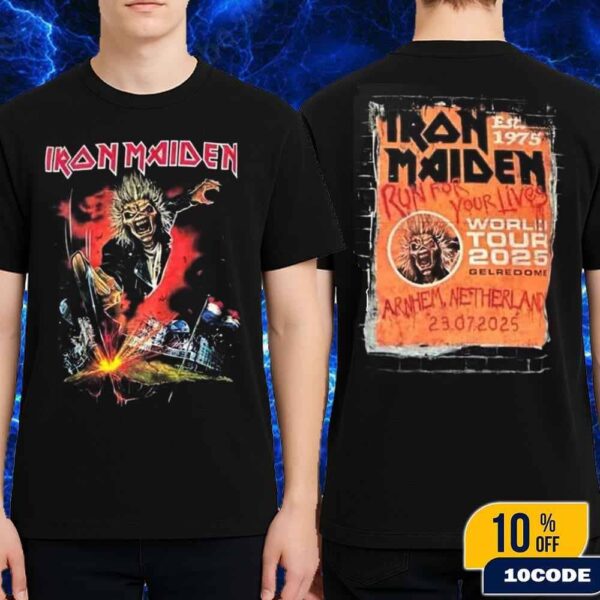 Iron Maiden Run For Your Lives World Tour 2025 Netherlands Event Tee At GelreDome Stadium Arnhem On July 23th Eddie The Head Artwork Merch T-Shirt Two Sides