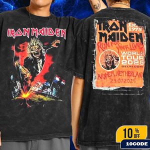 Iron Maiden Run For Your Lives World Tour 2025 Netherlands Event Tee At GelreDome Stadium Arnhem On July 23th Eddie The Head Artwork Wash T-Shirt Two Sides