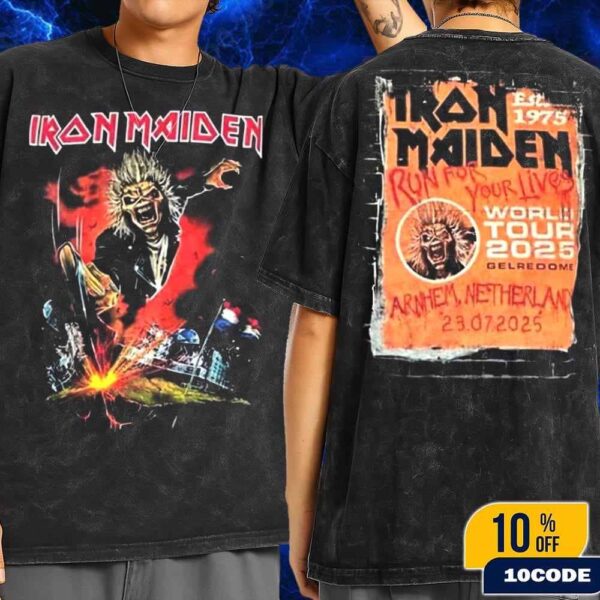 Iron Maiden Run For Your Lives World Tour 2025 Netherlands Event Tee At GelreDome Stadium Arnhem On July 23th Eddie The Head Artwork Wash T-Shirt Two Sides