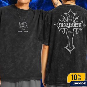 Lady Gaga The Mayhem Ball Tour 2025-26 Exclusive Tee Cross Logo Black Edition Official Concert Wash Two Sides T-Shirt