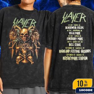 Slayer Farewell Tour 2025 Merch Skull Throne Art With Tour Dates Fan Gifts Wash T-Shirt Two Sides