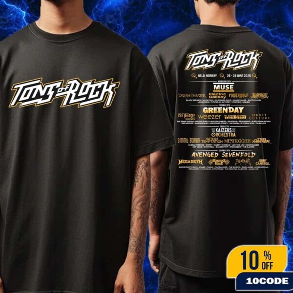 Tons Of Rock 2025 Festival 25-28 June At Ekebergsletta Oslo Norway Line Up Merch Tee Shirt Two Sides